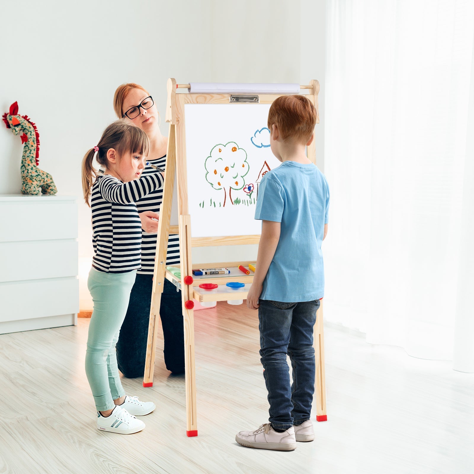 BABY JOY Kids Art Easel, Wooden Foldable Double-Sided Chalkboard Whiteboard w/Board Eraser