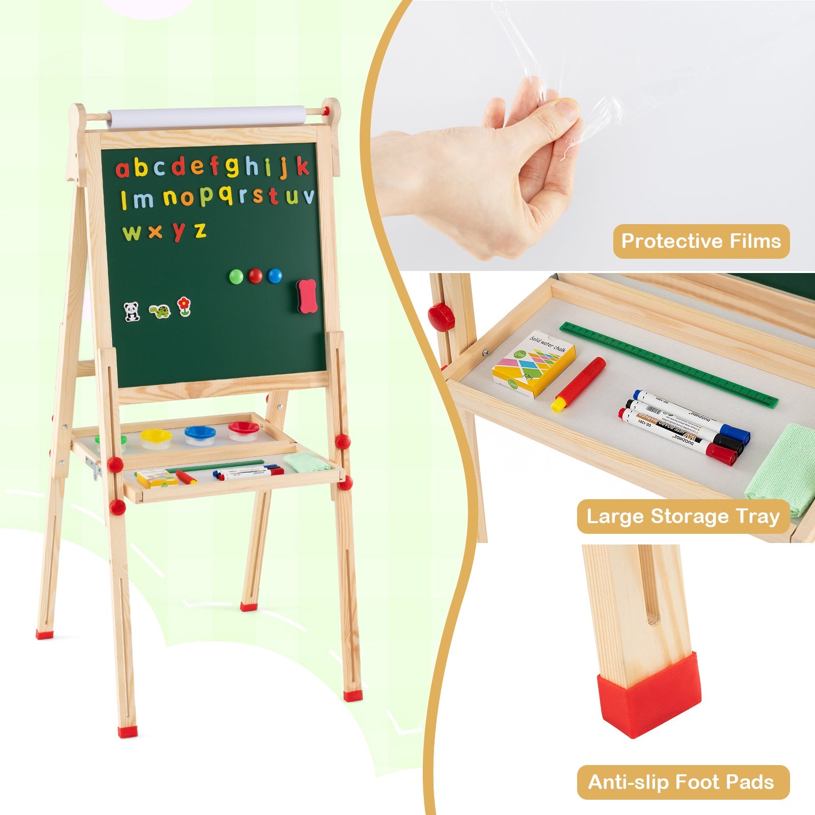 BABY JOY Kids Art Easel, Wooden Foldable Double-Sided Chalkboard Whiteboard w/Board Eraser