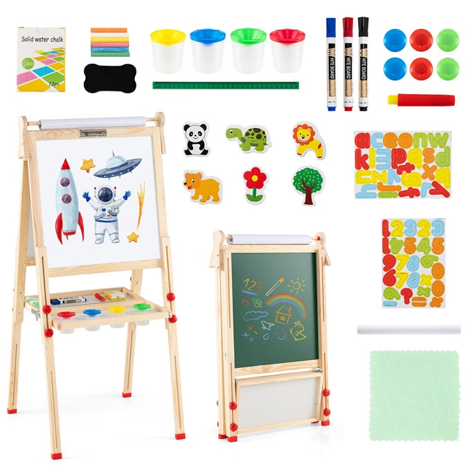3-in-1 Easel for Kids, Double-Sided Folding Wooden Kids Art Easel with Paper Roll, Adjustable Height