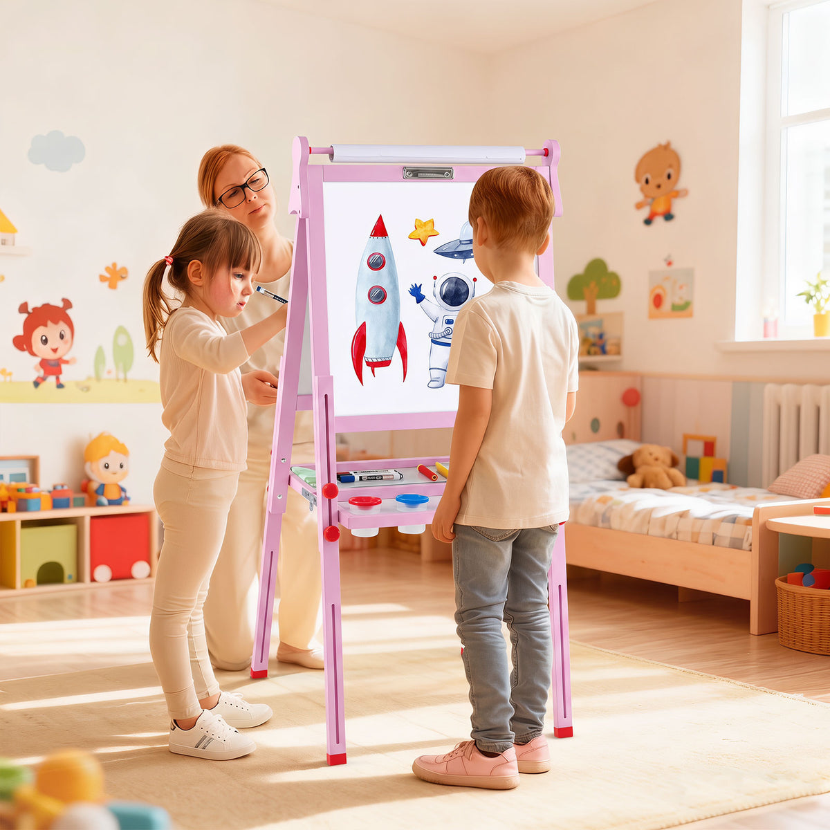 3-in-1 Easel for Kids, Double-Sided Folding Wooden Kids Art Easel with Paper Roll, Adjustable Height