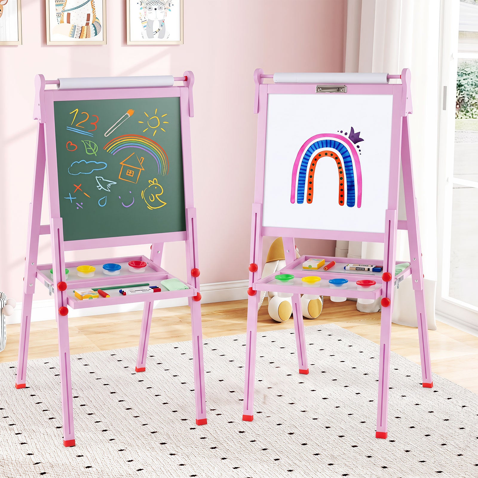 3-in-1 Easel for Kids, Double-Sided Folding Wooden Kids Art Easel with Paper Roll, Adjustable Height