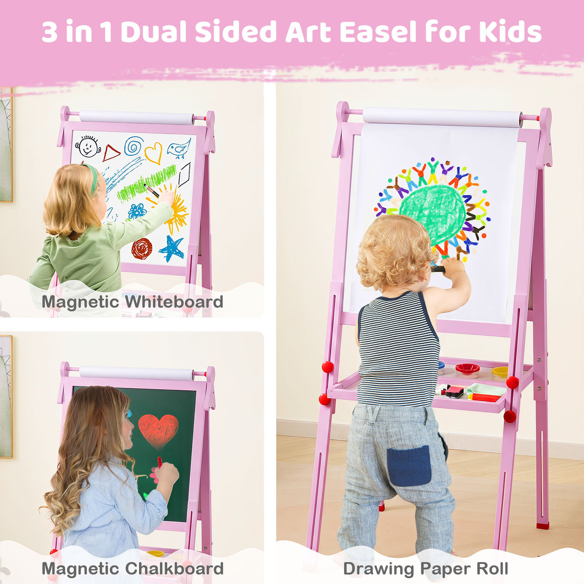 3-in-1 Easel for Kids, Double-Sided Folding Wooden Kids Art Easel with Paper Roll, Adjustable Height