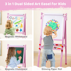3-in-1 Easel for Kids, Double-Sided Folding Wooden Kids Art Easel with Paper Roll, Adjustable Height