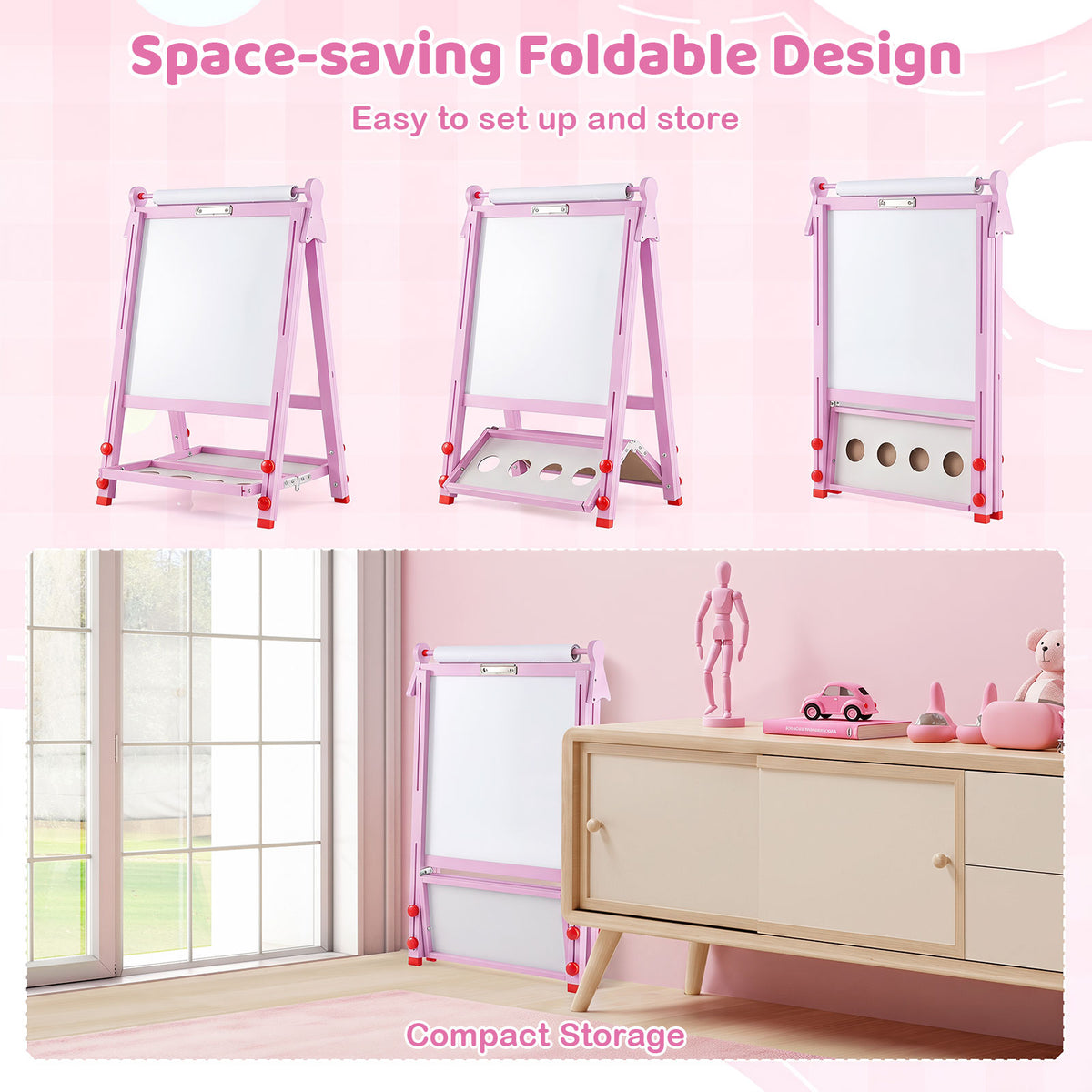 3-in-1 Easel for Kids, Double-Sided Folding Wooden Kids Art Easel with Paper Roll, Adjustable Height