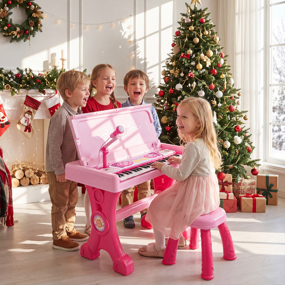 49 Keys Kids Electric Piano Keyboard Toy w/ Stool,Microphone,Lights Educational Toddler Keyboard Set for Ages 3+