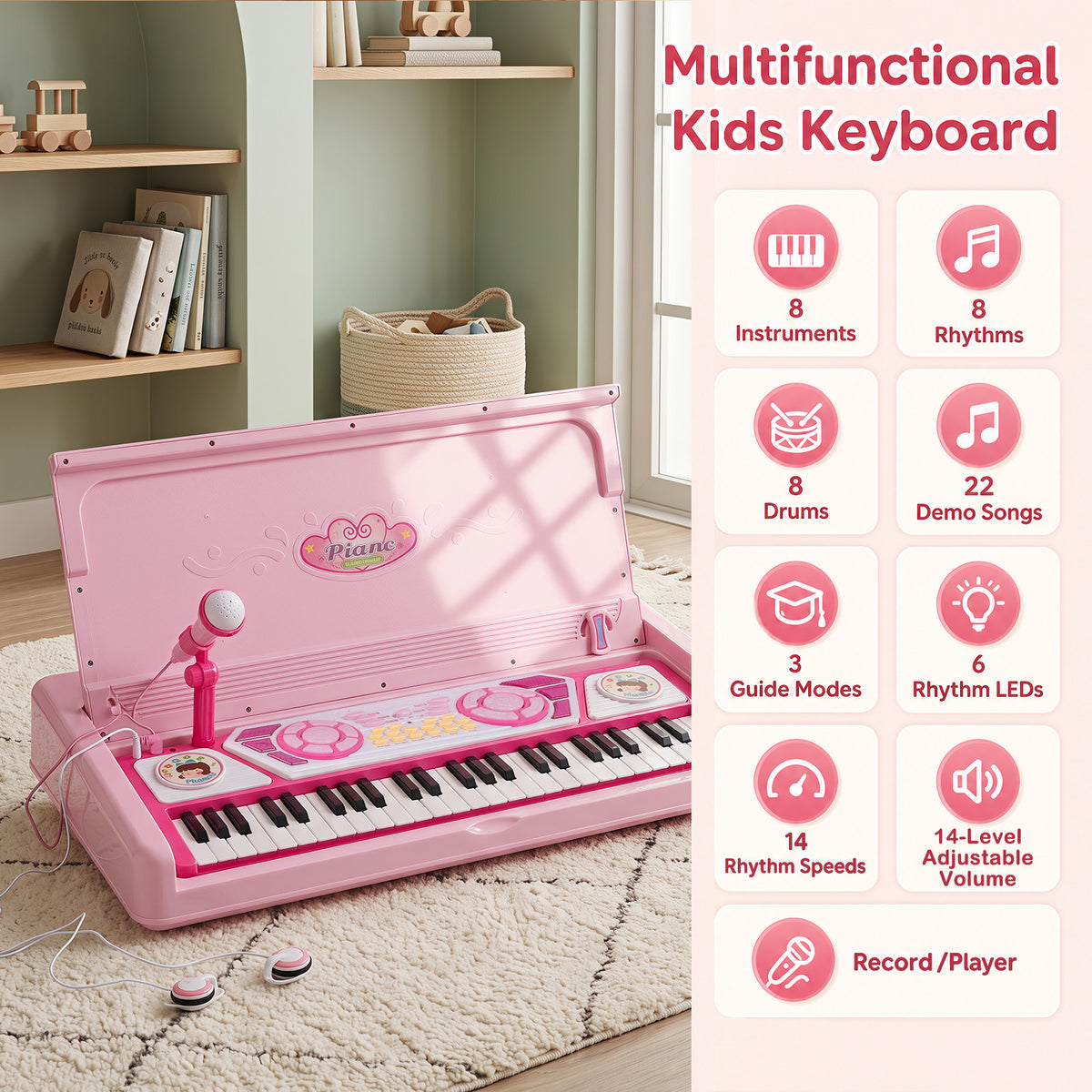 49 Keys Kids Electric Piano Keyboard Toy w/ Stool,Microphone,Lights Educational Toddler Keyboard Set for Ages 3+