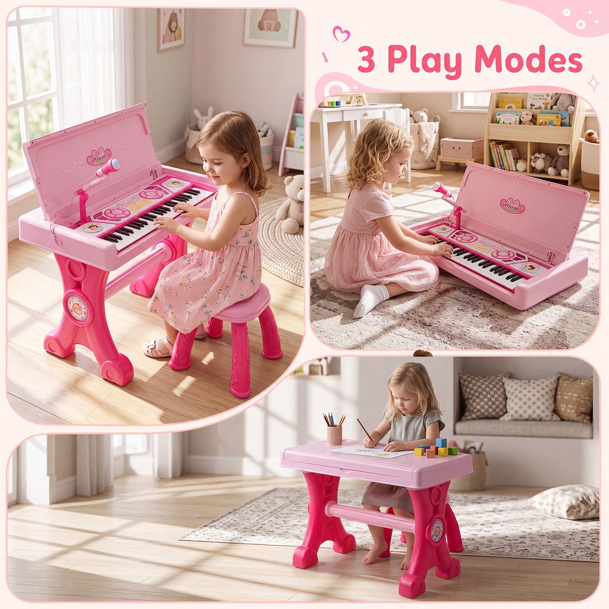 49 Keys Kids Electric Piano Keyboard Toy w/ Stool,Microphone,Lights Educational Toddler Keyboard Set for Ages 3+