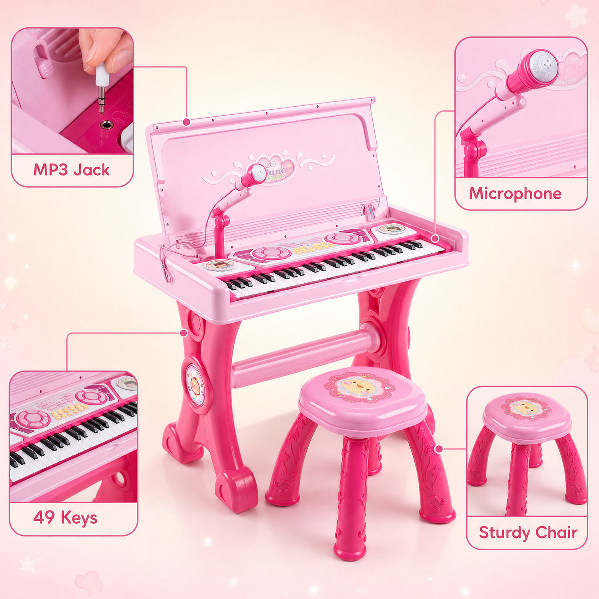 49 Keys Kids Electric Piano Keyboard Toy w/ Stool,Microphone,Lights Educational Toddler Keyboard Set for Ages 3+
