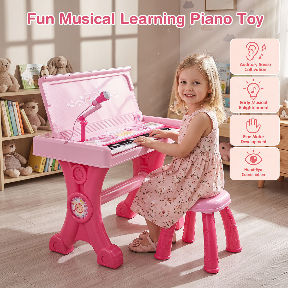 49 Keys Kids Electric Piano Keyboard Toy w/ Stool,Microphone,Lights Educational Toddler Keyboard Set for Ages 3+