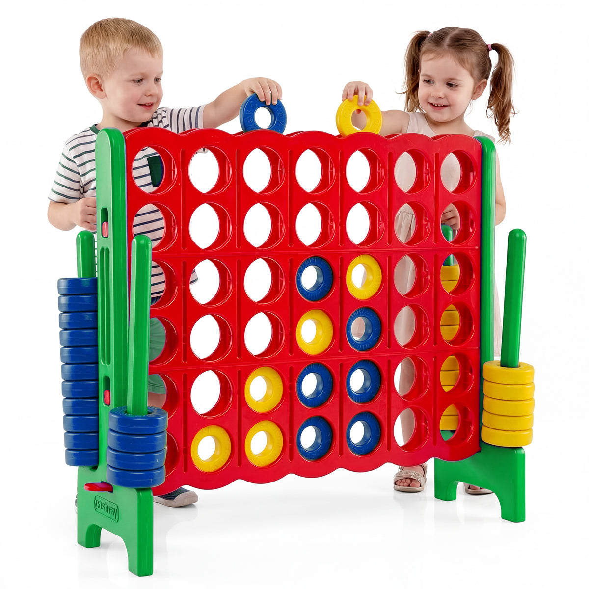 Giant 4-in-a-Row Game Set, Jumbo 4-to-Score Game w/42 Rings and Quick-Release Slider, Indoor and Outdoor Party Game for Living Room, Backyard and Lawn