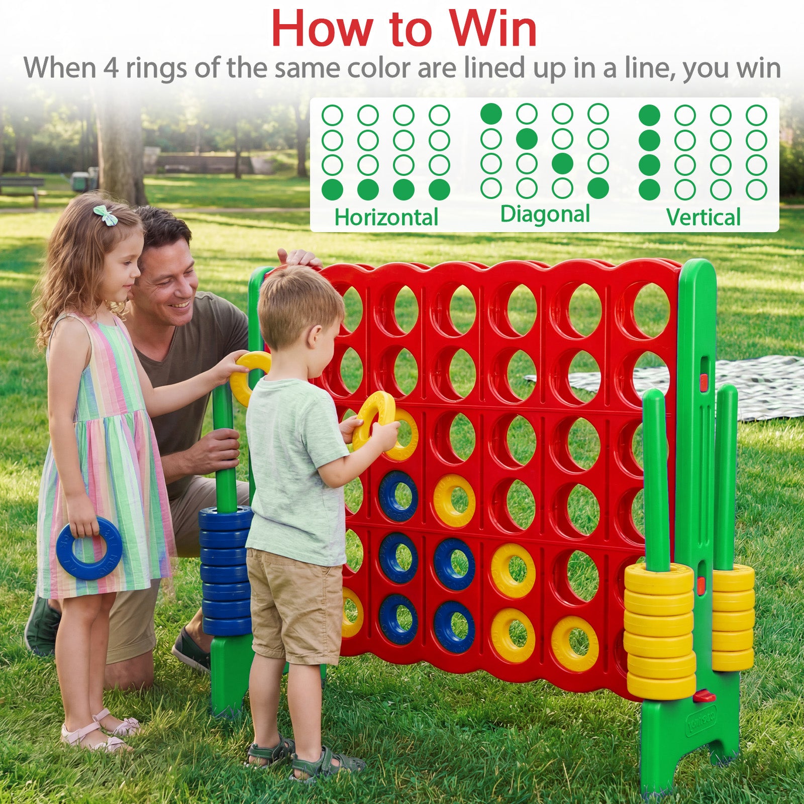 Giant 4-in-a-Row Game Set, Jumbo 4-to-Score Game w/42 Rings and Quick-Release Slider, Indoor and Outdoor Party Game for Living Room, Backyard and Lawn