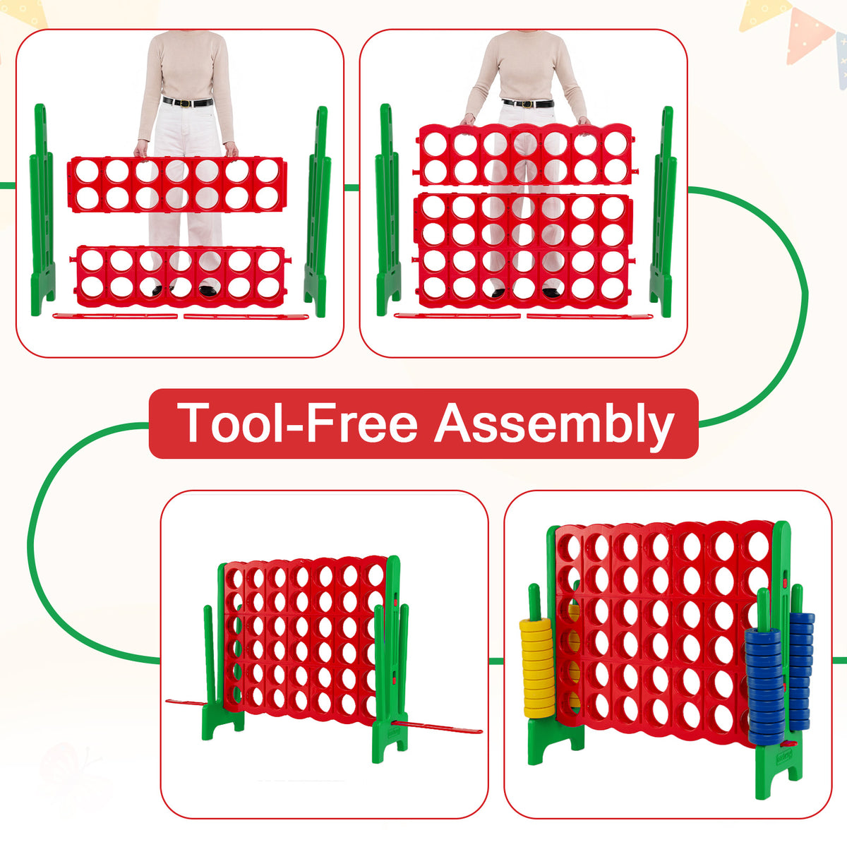 Giant 4-in-a-Row Game Set, Jumbo 4-to-Score Game w/42 Rings and Quick-Release Slider, Indoor and Outdoor Party Game for Living Room, Backyard and Lawn