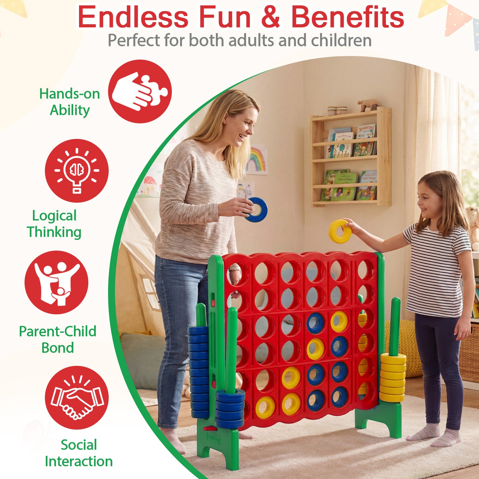 Giant 4-in-a-Row Game Set, Jumbo 4-to-Score Game w/42 Rings and Quick-Release Slider, Indoor and Outdoor Party Game for Living Room, Backyard and Lawn