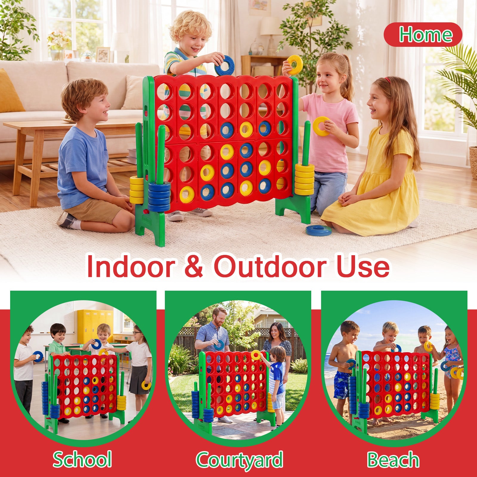 Giant 4-in-a-Row Game Set, Jumbo 4-to-Score Game w/42 Rings and Quick-Release Slider, Indoor and Outdoor Party Game for Living Room, Backyard and Lawn