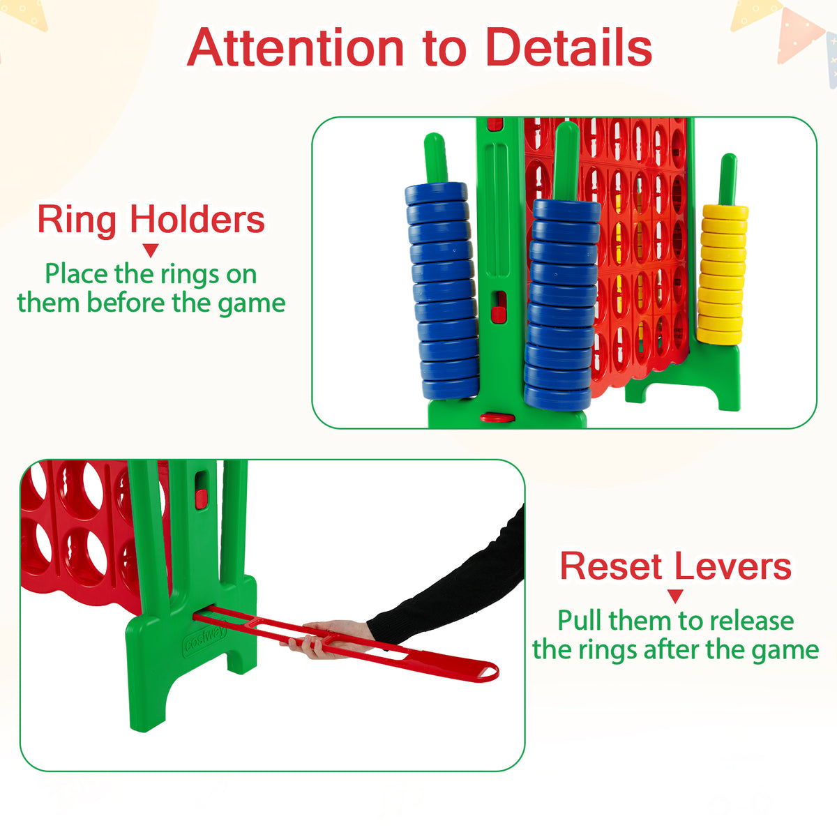 Giant 4-in-a-Row Game Set, Jumbo 4-to-Score Game w/42 Rings and Quick-Release Slider, Indoor and Outdoor Party Game for Living Room, Backyard and Lawn