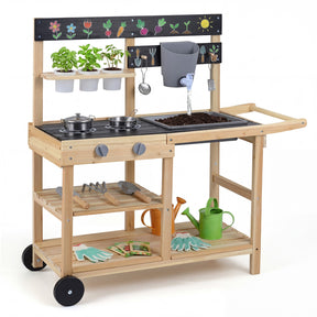 Mud Kitchen for Kids, Wooden Outdoor Play Kitchen with Planter Cups, Sink