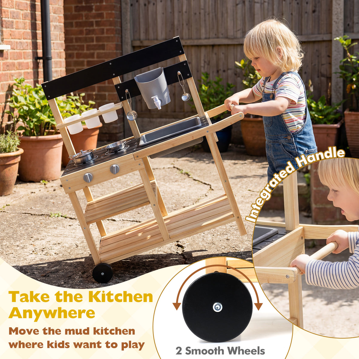 Mud Kitchen for Kids, Wooden Outdoor Play Kitchen with Planter Cups, Sink