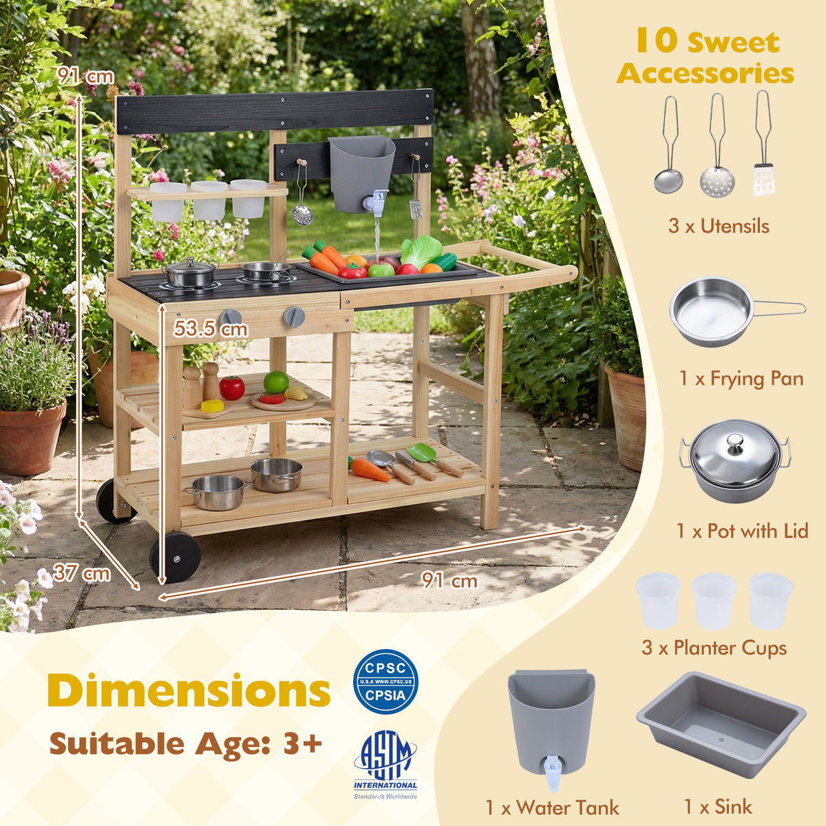Mud Kitchen for Kids, Wooden Outdoor Play Kitchen with Planter Cups, Sink