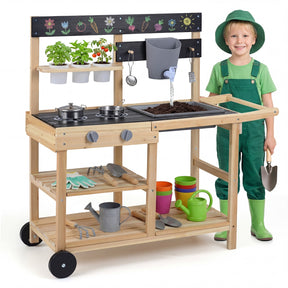 Mud Kitchen for Kids, Wooden Outdoor Play Kitchen with Planter Cups, Sink