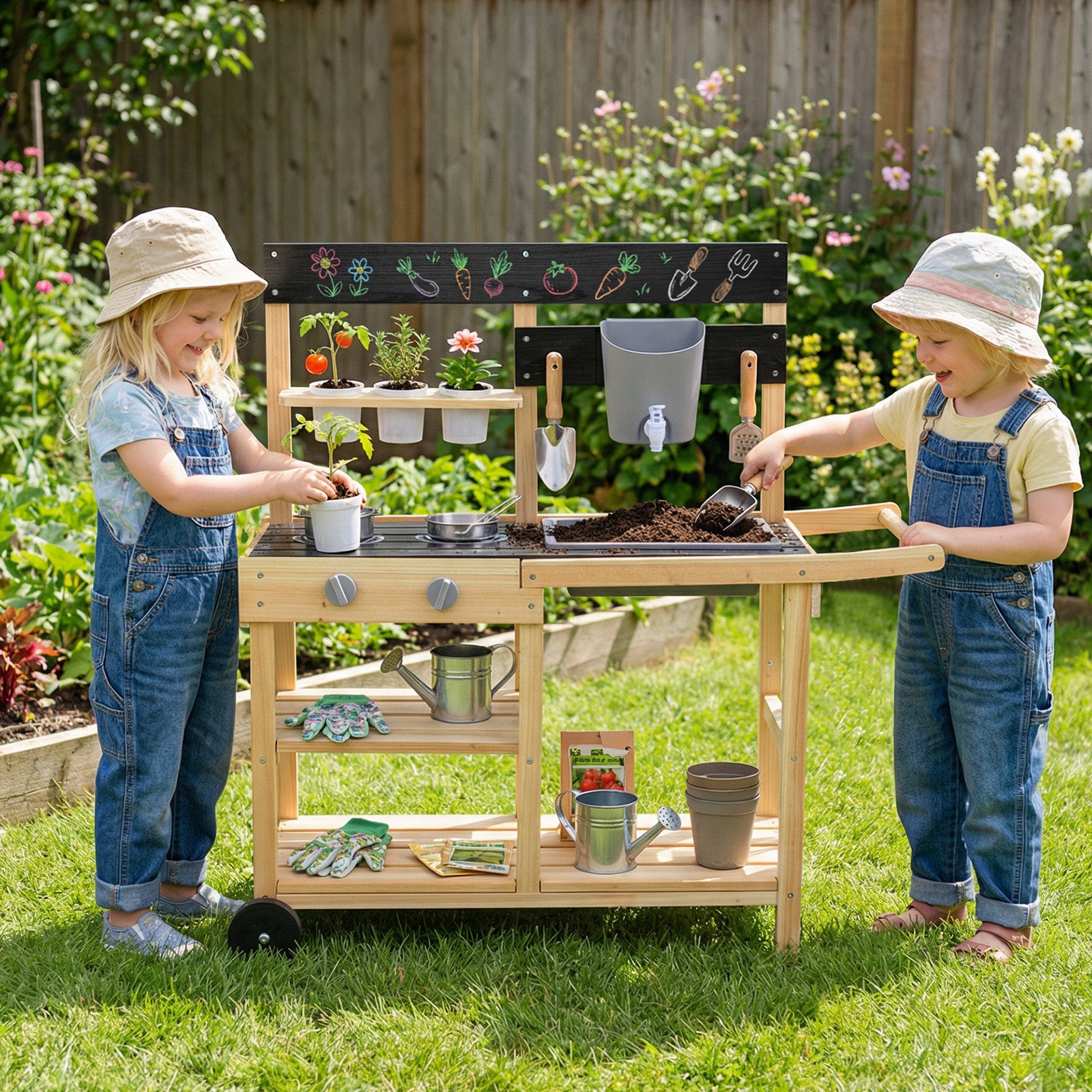 Mud Kitchen for Kids, Wooden Outdoor Play Kitchen with Planter Cups, Sink