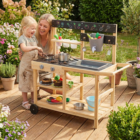 Mud Kitchen for Kids, Wooden Outdoor Play Kitchen with Planter Cups, Sink