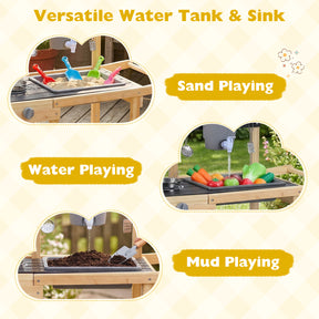 Mud Kitchen for Kids, Wooden Outdoor Play Kitchen with Planter Cups, Sink