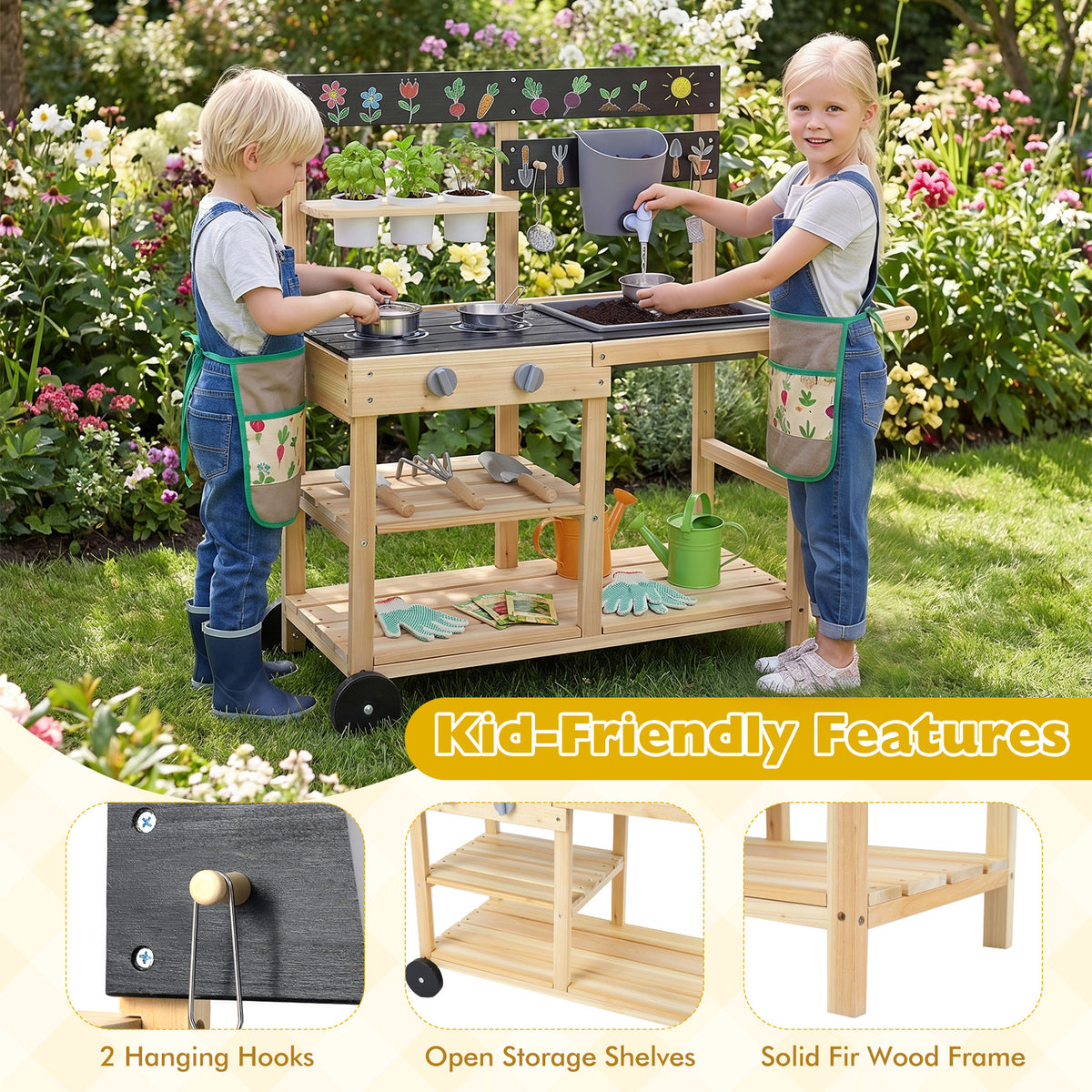 Mud Kitchen for Kids, Wooden Outdoor Play Kitchen with Planter Cups, Sink