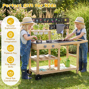 Mud Kitchen for Kids, Wooden Outdoor Play Kitchen with Planter Cups, Sink