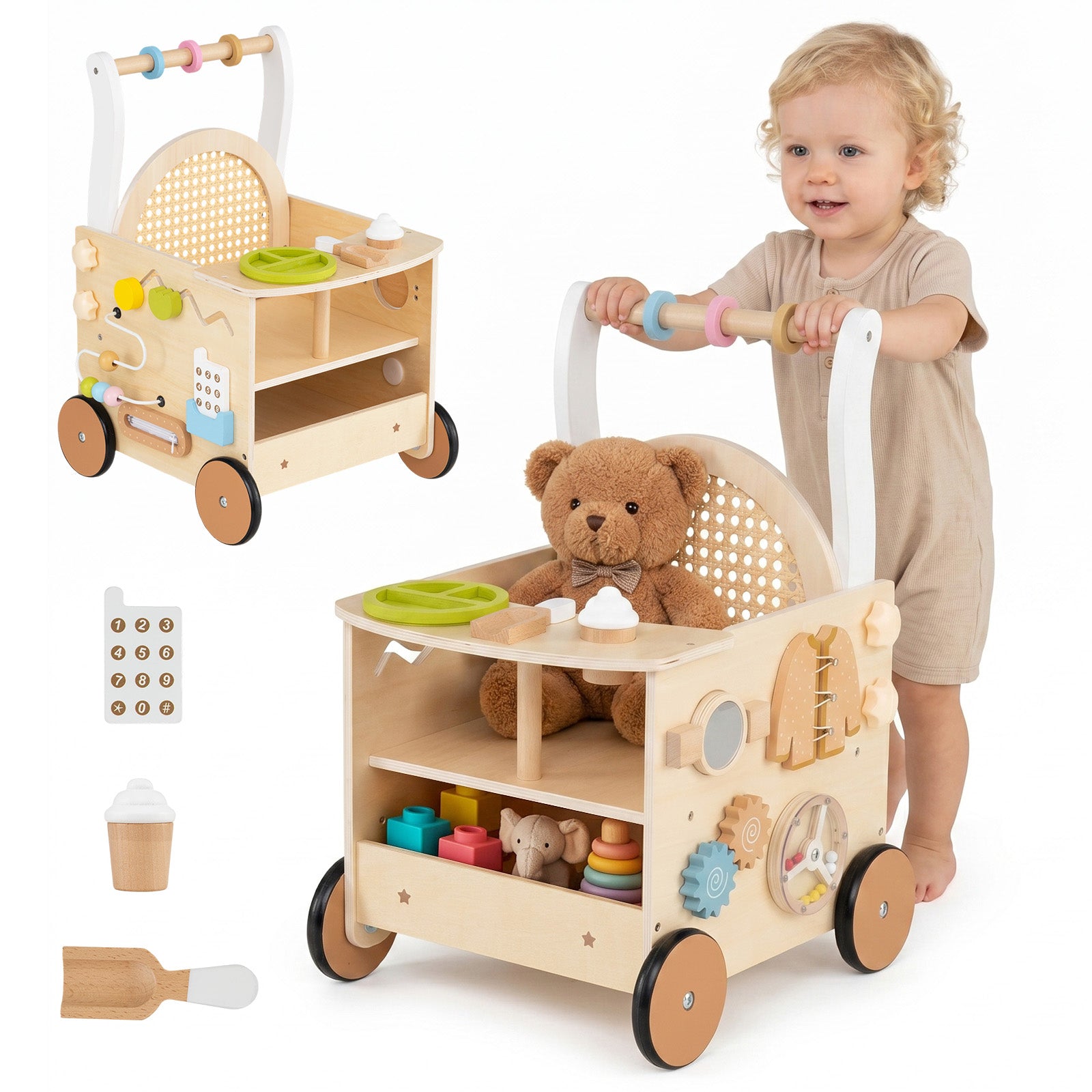 Wooden Baby Walker, 13-In-1 Toddler Push Walker with Wheels & Storage