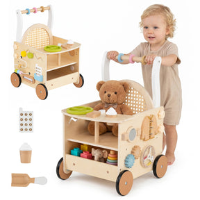 Wooden Baby Walker, 13-In-1 Toddler Push Walker with Wheels & Storage