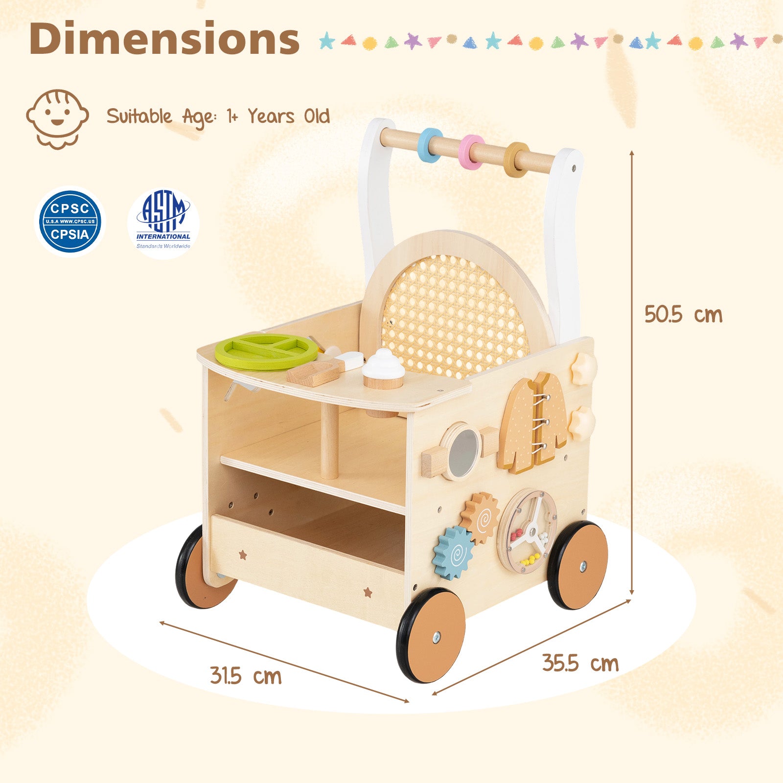 Wooden Baby Walker, 13-In-1 Toddler Push Walker with Wheels & Storage