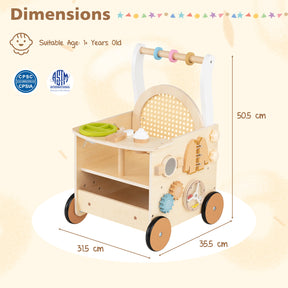 Wooden Baby Walker, 13-In-1 Toddler Push Walker with Wheels & Storage