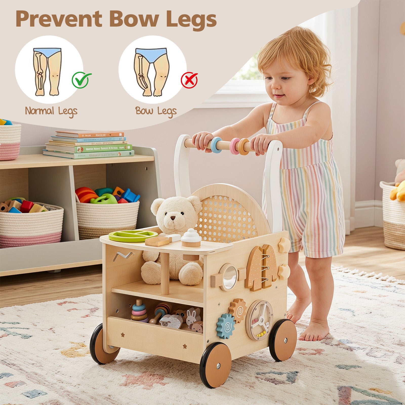 Wooden Baby Walker, 13-In-1 Toddler Push Walker with Wheels & Storage