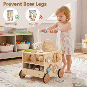 Wooden Baby Walker, 13-In-1 Toddler Push Walker with Wheels & Storage