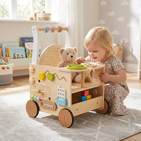Wooden Baby Walker, 13-In-1 Toddler Push Walker with Wheels & Storage