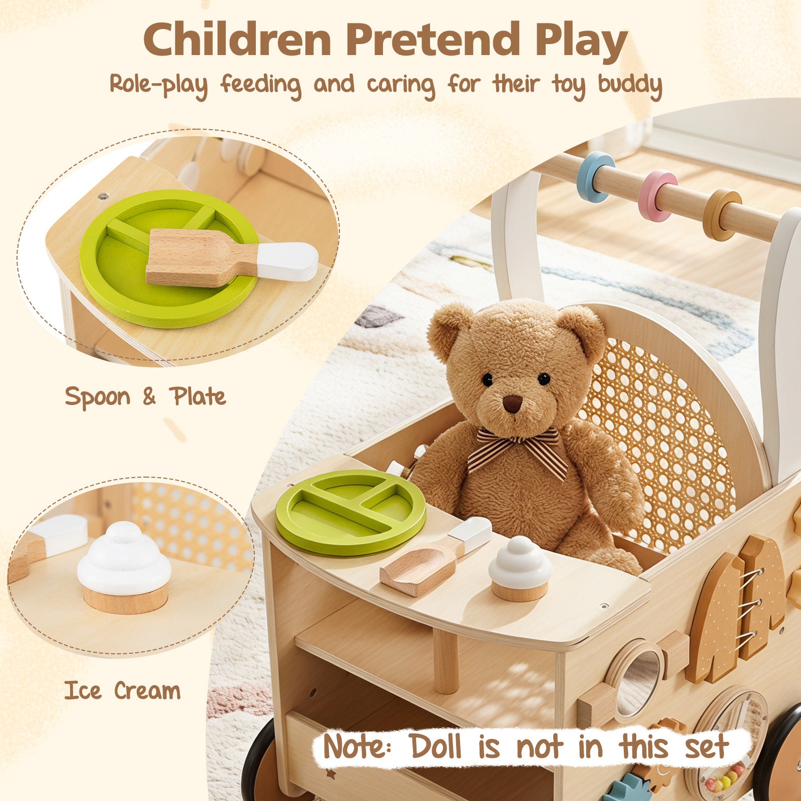 Wooden Baby Walker, 13-In-1 Toddler Push Walker with Wheels & Storage