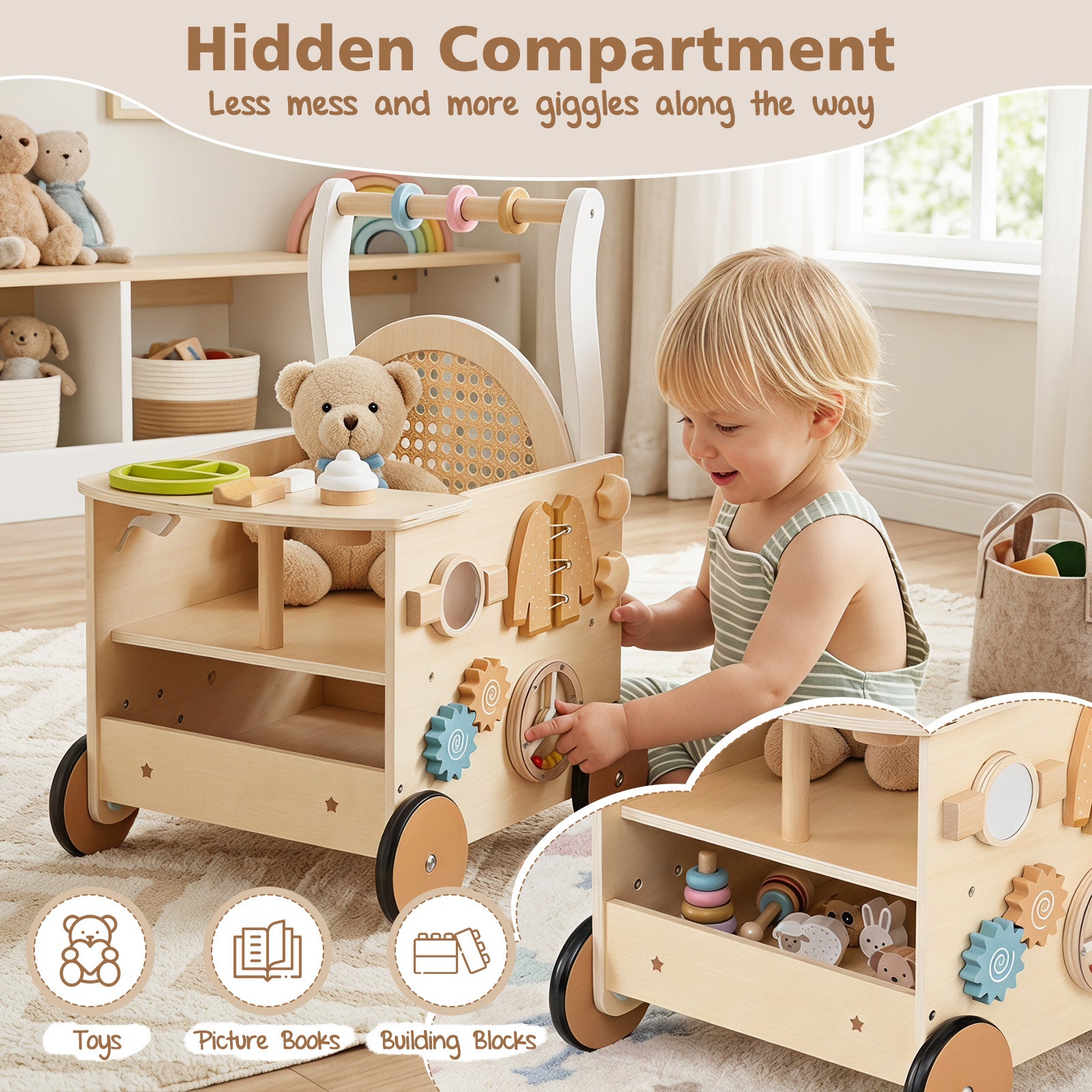 Wooden Baby Walker, 13-In-1 Toddler Push Walker with Wheels & Storage