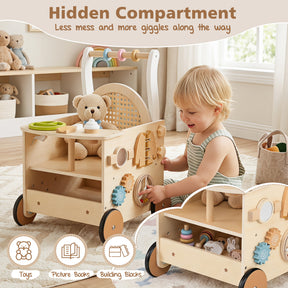 Wooden Baby Walker, 13-In-1 Toddler Push Walker with Wheels & Storage