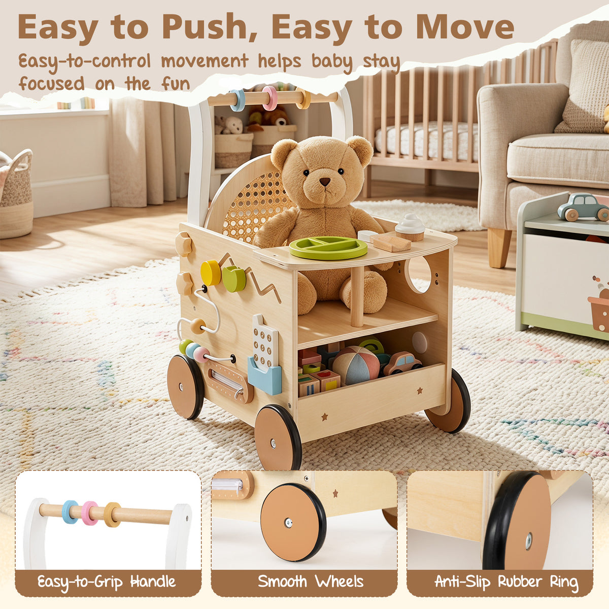 Wooden Baby Walker, 13-In-1 Toddler Push Walker with Wheels & Storage