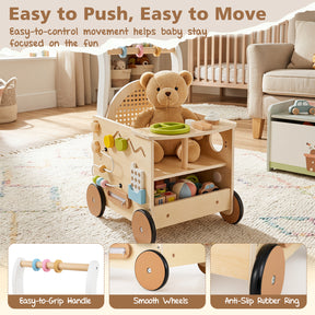 Wooden Baby Walker, 13-In-1 Toddler Push Walker with Wheels & Storage