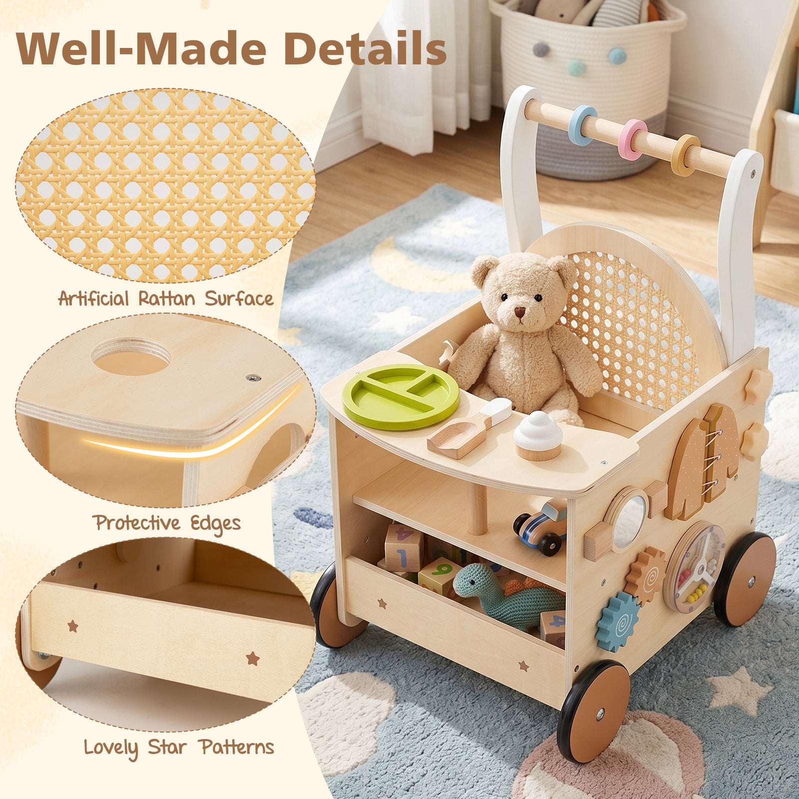 Wooden Baby Walker, 13-In-1 Toddler Push Walker with Wheels & Storage