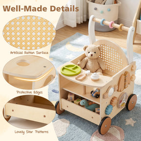 Wooden Baby Walker, 13-In-1 Toddler Push Walker with Wheels & Storage