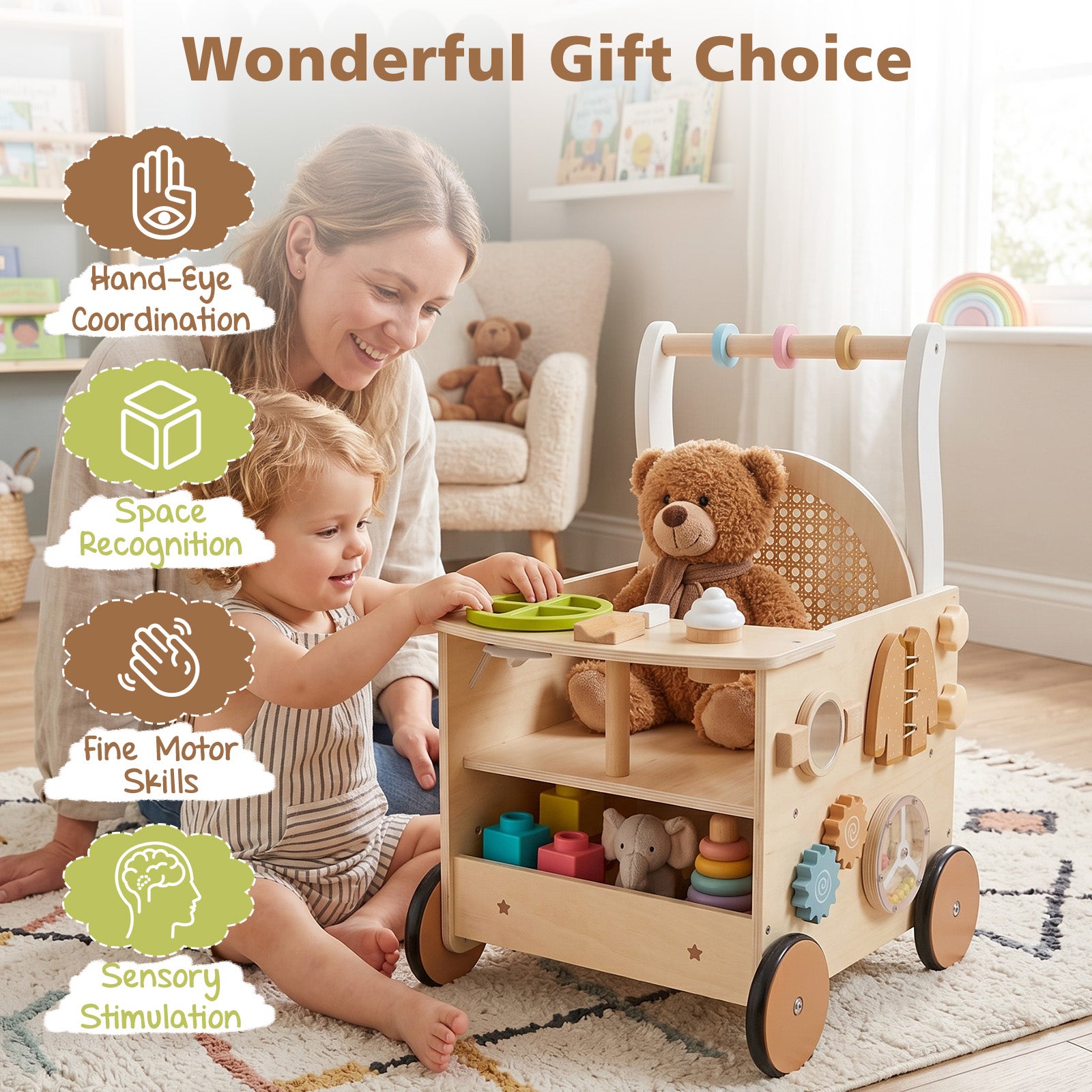 Wooden Baby Walker, 13-In-1 Toddler Push Walker with Wheels & Storage