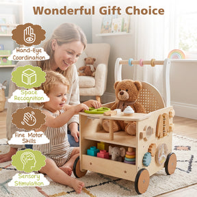 Wooden Baby Walker, 13-In-1 Toddler Push Walker with Wheels & Storage