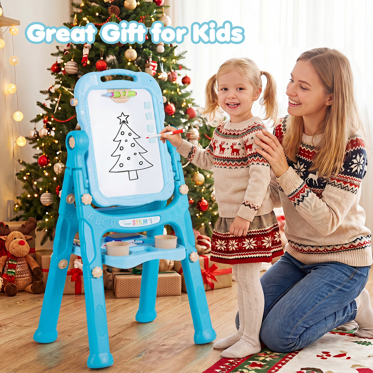 Art Easel for Kids, Height Adjustable, 22 Accessories, Blue& Red/Blue/Peach Fuzz