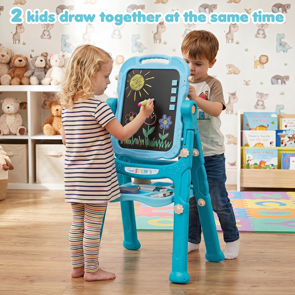 Art Easel for Kids, Height Adjustable, 22 Accessories, Blue& Red/Blue/Peach Fuzz