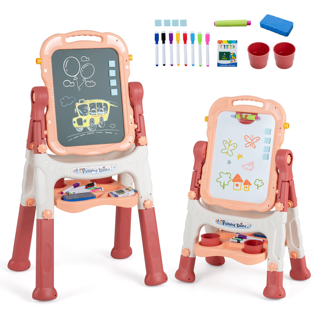 Art Easel for Kids, Height Adjustable, 22 Accessories, Blue& Red/Blue/Peach Fuzz