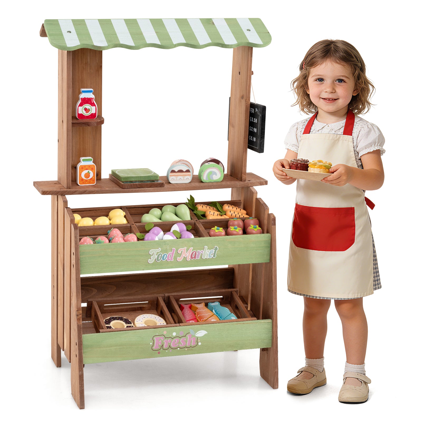 Wooden Mud Grocery Store for Kids, Outdoor & Indoor Farm Market Stand Playset with Price Chalkboard & 40+ Accessories