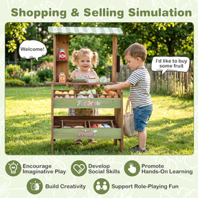 Wooden Mud Grocery Store for Kids, Outdoor & Indoor Farm Market Stand Playset with Price Chalkboard & 40+ Accessories