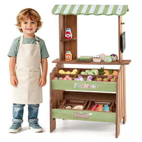 Wooden Mud Grocery Store for Kids, Outdoor & Indoor Farm Market Stand Playset with Price Chalkboard & 40+ Accessories